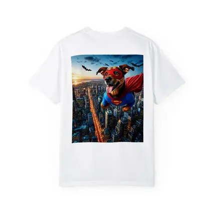 Superhero Dog Flying Over City Skyline
