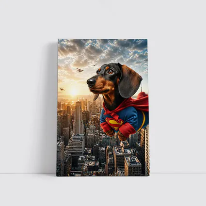 Dachshund Superman Flying Over City Skyline