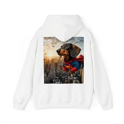 Dachshund Superman Flying Over City Skyline