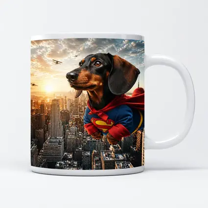 Dachshund Superman Flying Over City Skyline