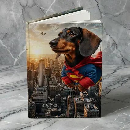 Dachshund Superman Flying Over City Skyline