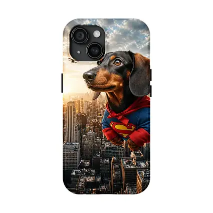 Dachshund Superman Flying Over City Skyline