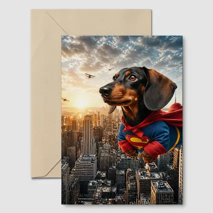Dachshund Superman Flying Over City Skyline