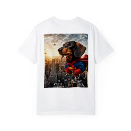 Dachshund Superman Flying Over City Skyline