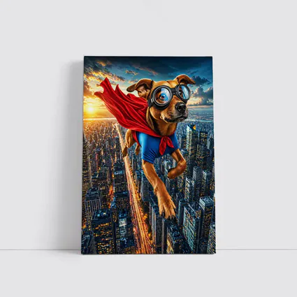 Superhero Dog Flying Over City Skyline