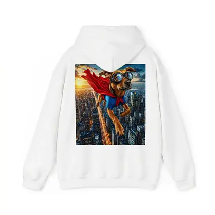 Superhero Dog Flying Over City Skyline