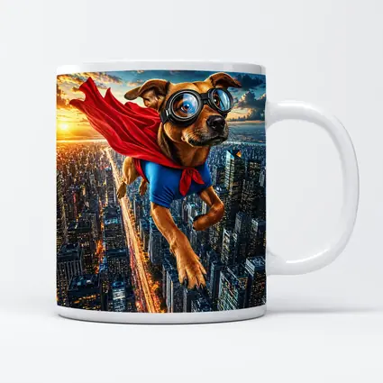 Superhero Dog Flying Over City Skyline