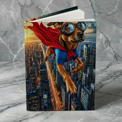 Superhero Dog Flying Over City Skyline