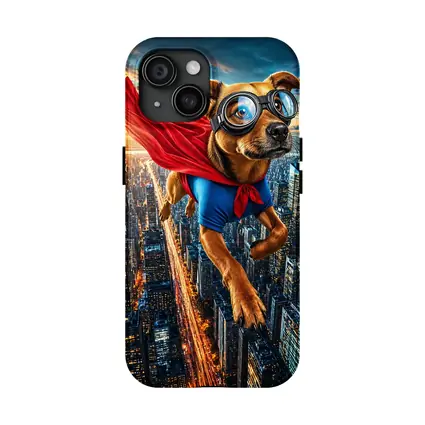 Superhero Dog Flying Over City Skyline