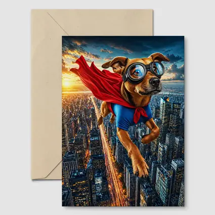Superhero Dog Flying Over City Skyline