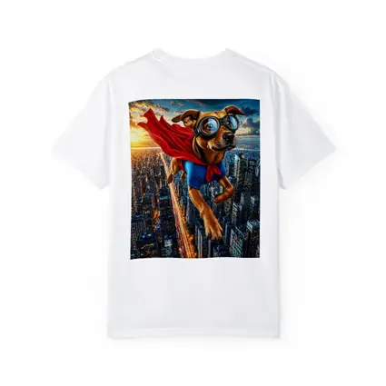 Superhero Dog Flying Over City Skyline