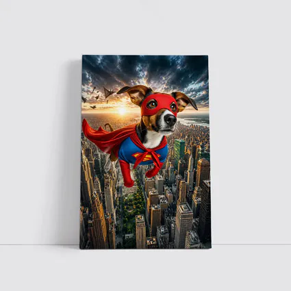 Jack Russell Terrier Superhero Flying Over City