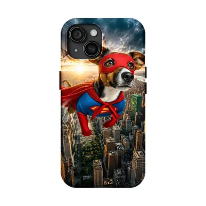 Jack Russell Terrier Superhero Flying Over City