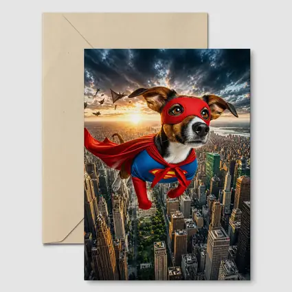 Jack Russell Terrier Superhero Flying Over City