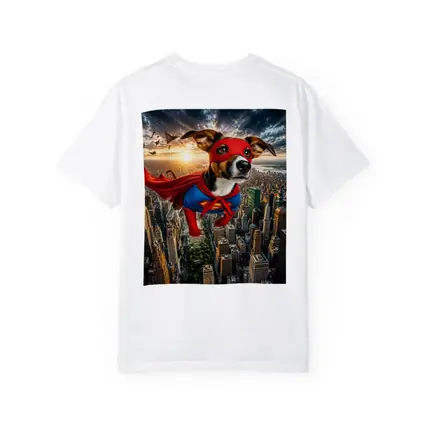 Jack Russell Terrier Superhero Flying Over City
