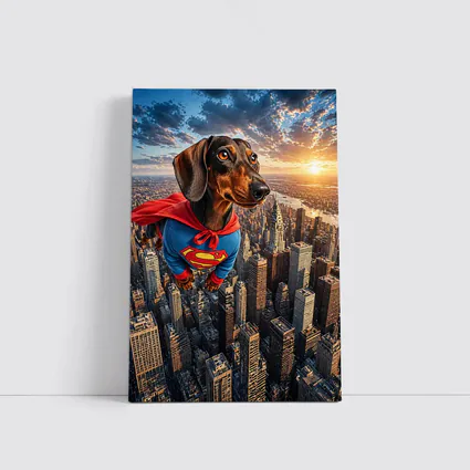 Superhero Dachshund Flying Over City Skyline