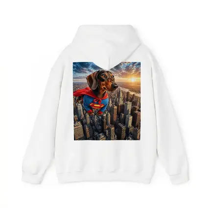 Superhero Dachshund Flying Over City Skyline