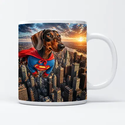 Superhero Dachshund Flying Over City Skyline