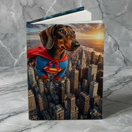 Superhero Dachshund Flying Over City Skyline