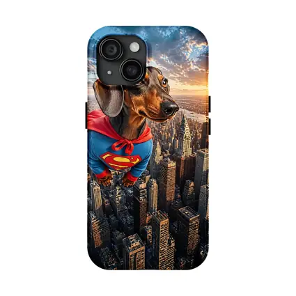 Superhero Dachshund Flying Over City Skyline