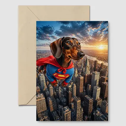 Superhero Dachshund Flying Over City Skyline
