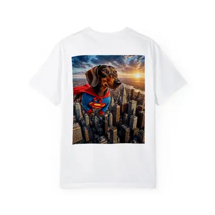 Superhero Dachshund Flying Over City Skyline