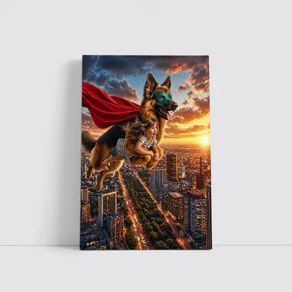Superhero German Shepherd Flying Over City Sunset