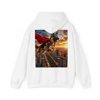 Superhero German Shepherd Flying Over City Sunset