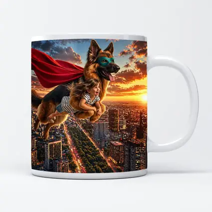 Superhero German Shepherd Flying Over City Sunset