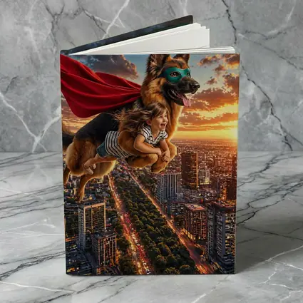 Superhero German Shepherd Flying Over City Sunset