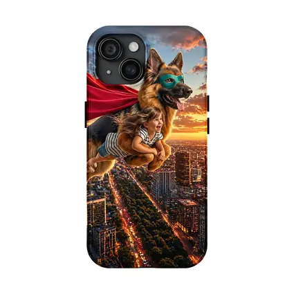 Superhero German Shepherd Flying Over City Sunset