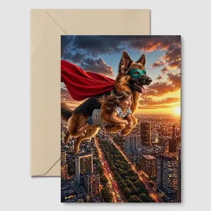 Superhero German Shepherd Flying Over City Sunset