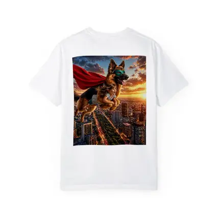 Superhero German Shepherd Flying Over City Sunset