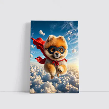 Superhero Pomeranian Flying Above Clouds