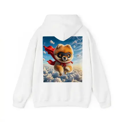 Superhero Pomeranian Flying Above Clouds