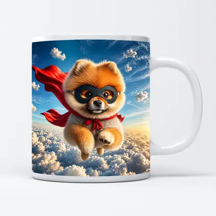 Superhero Pomeranian Flying Above Clouds