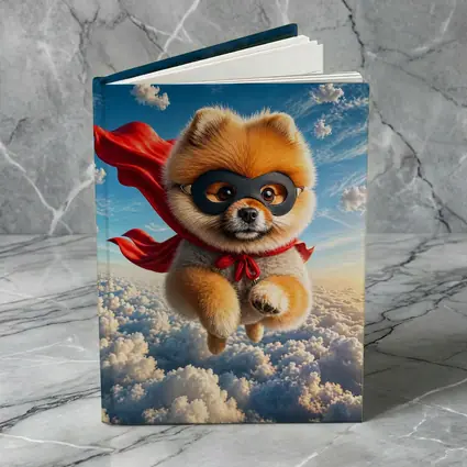 Superhero Pomeranian Flying Above Clouds