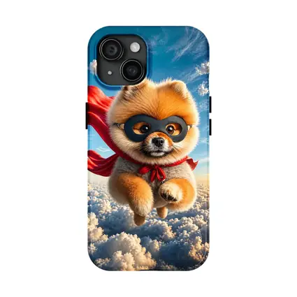 Superhero Pomeranian Flying Above Clouds