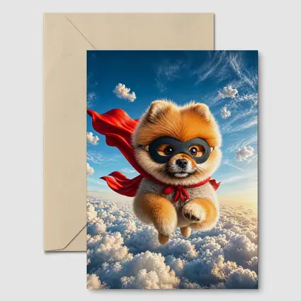 Superhero Pomeranian Flying Above Clouds