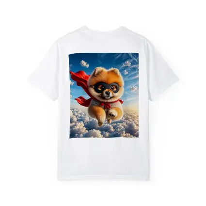 Superhero Pomeranian Flying Above Clouds