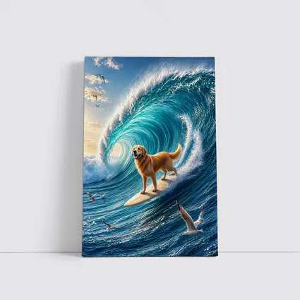Golden Retriever Surfing Massive Ocean Wave
