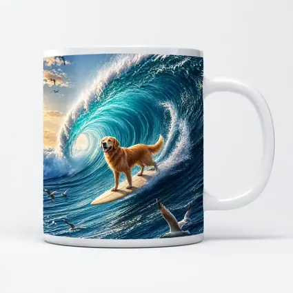 Golden Retriever Surfing Massive Ocean Wave
