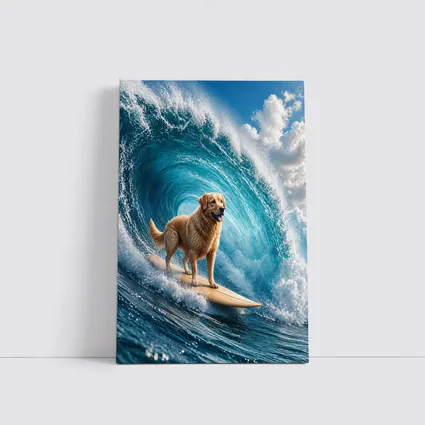 Golden Retriever Surfing Giant Ocean Wave