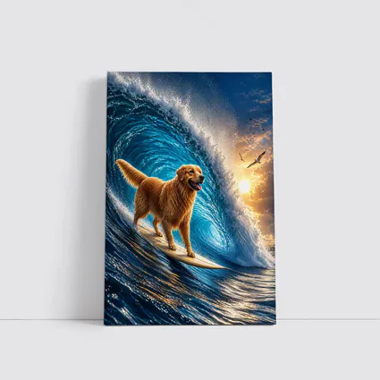Golden Retriever Surfing Giant Ocean Wave