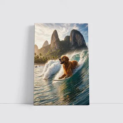 Golden Retriever Surfing Tropical Ocean Wave