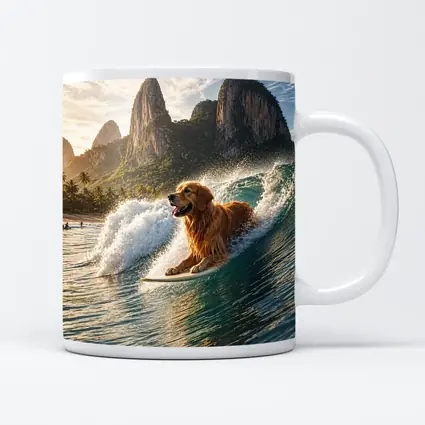 Golden Retriever Surfing Tropical Ocean Wave