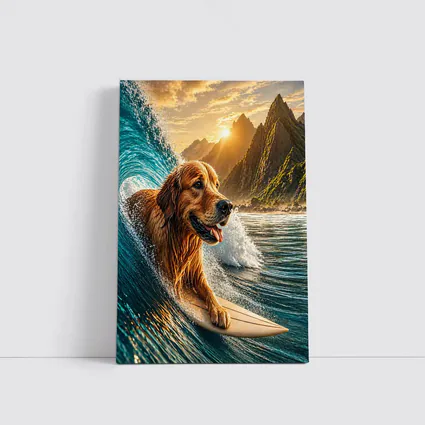 Golden Retriever Surfing Ocean Wave Mountains