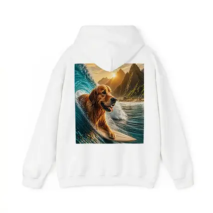 Golden Retriever Surfing Ocean Wave Mountains