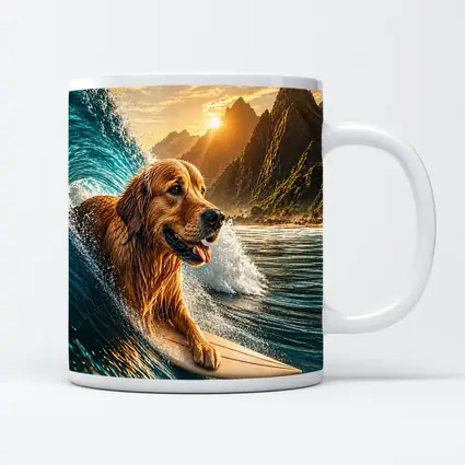 Golden Retriever Surfing Ocean Wave Mountains