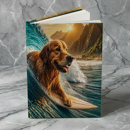 Golden Retriever Surfing Ocean Wave Mountains